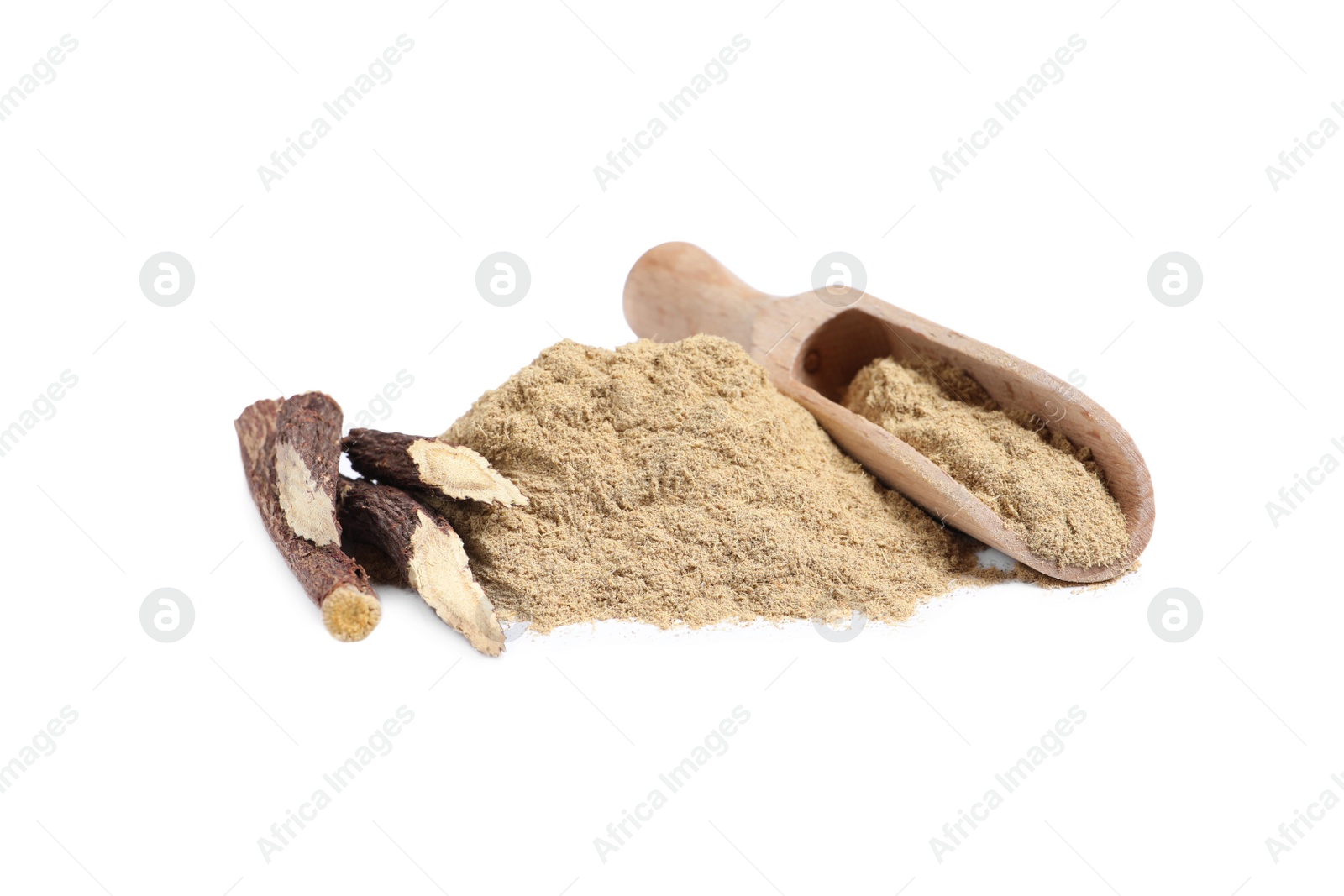 Photo of Dried sticks of liquorice root and powder on white background