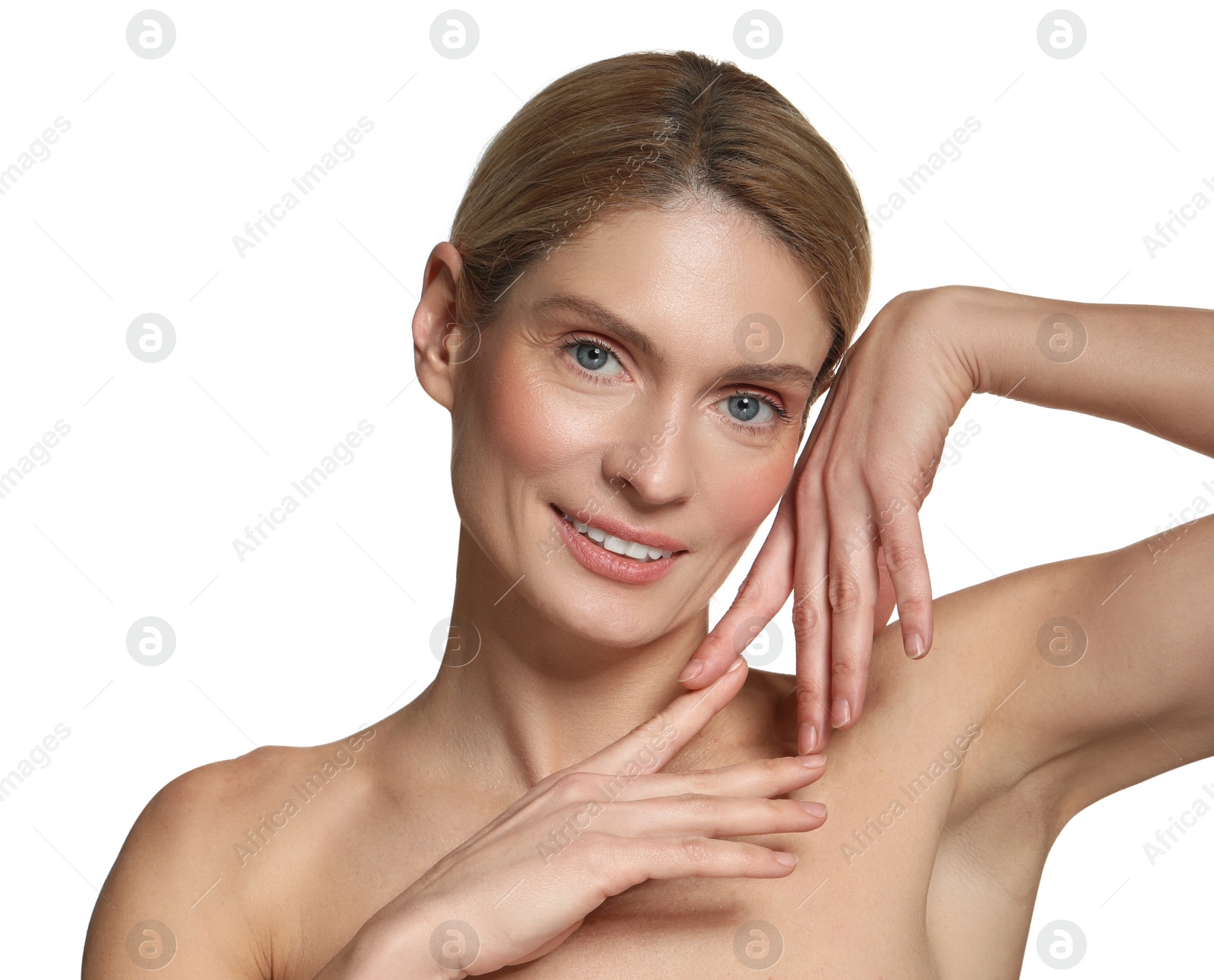 Photo of Beautiful woman with healthy skin on white background