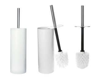 Image of Set with toilet brushes with holder on white background