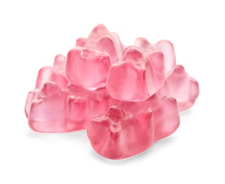 Pile of delicious jelly bears on white background