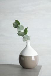 Vase with eucalyptus branch with fresh leaves on table