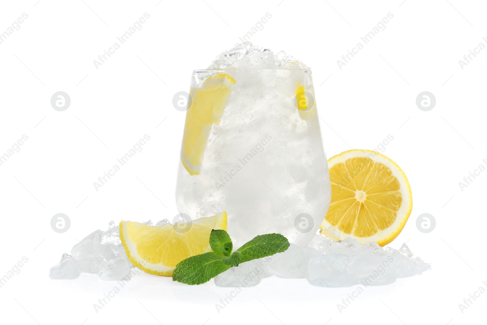 Photo of Water with ice cubes, mint and lemon isolated on white
