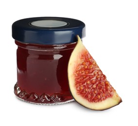 Jar of sweet fig jam on white background