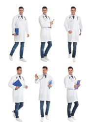 Image of Collage with photos of doctor on white background 