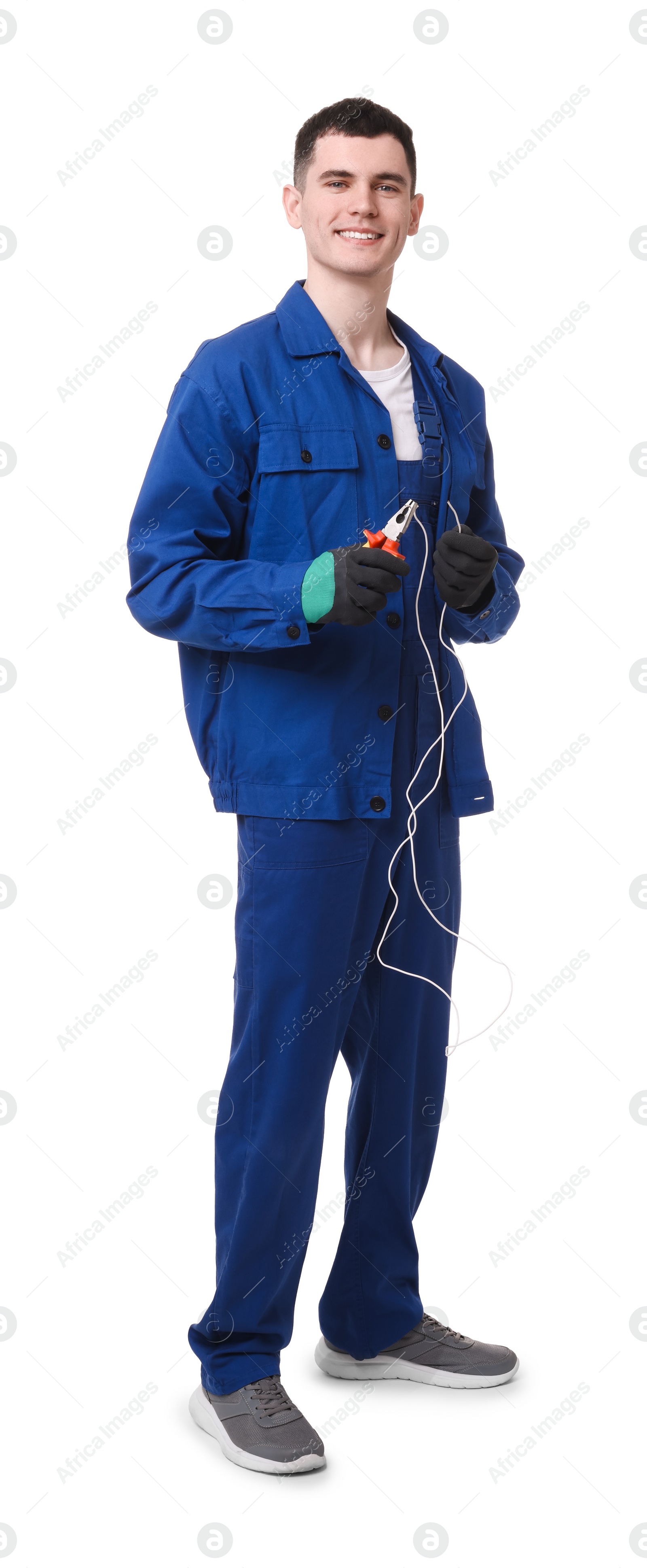 Photo of Young man holding pliers on white background