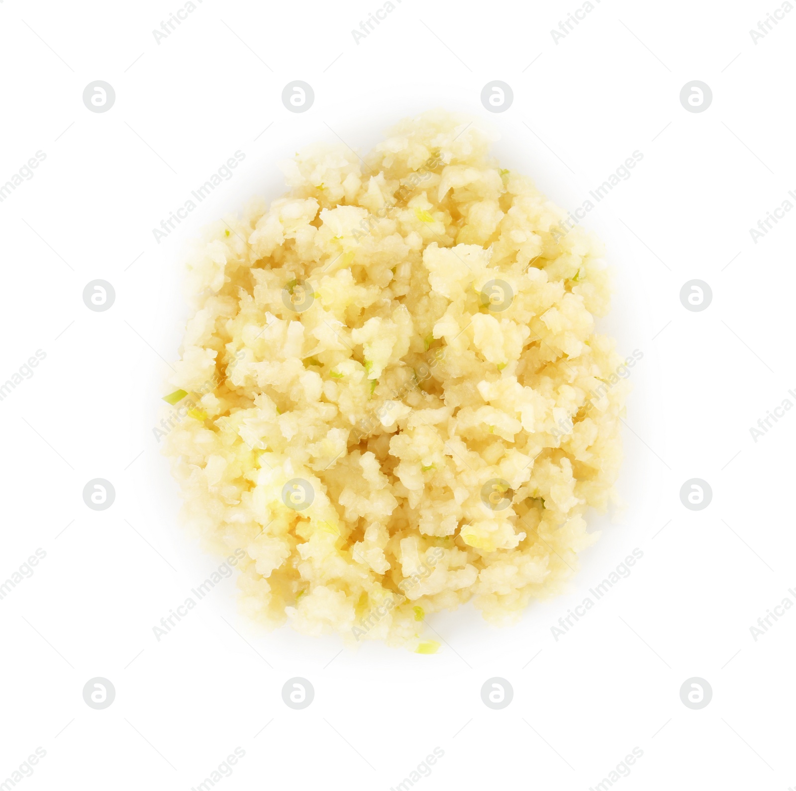 Photo of Pile of chopped garlic isolated on white, top view