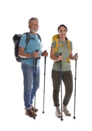 Photo of Couple of hikers with backpacks and trekking poles on white background
