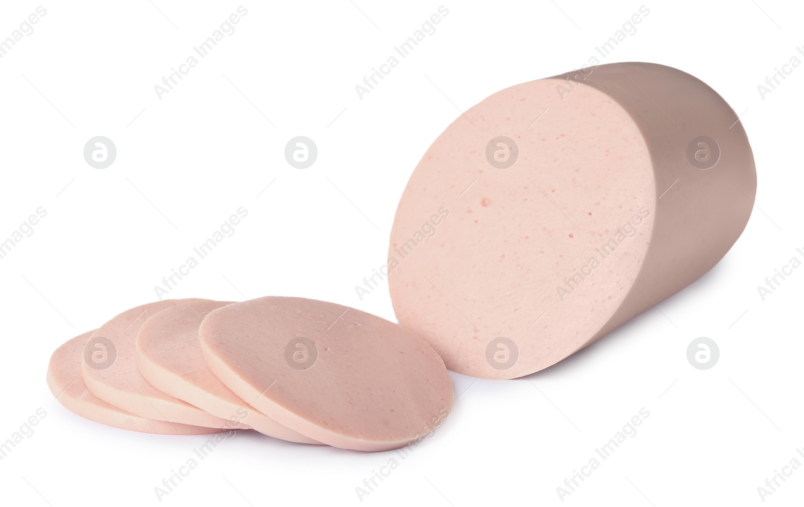 Photo of Tasty cut boiled sausage on white background