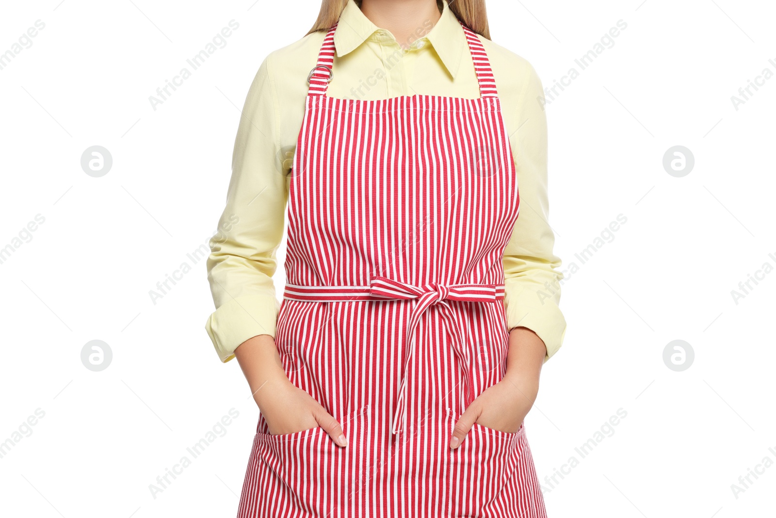 Photo of Woman in clean striped apron on white background, closeup