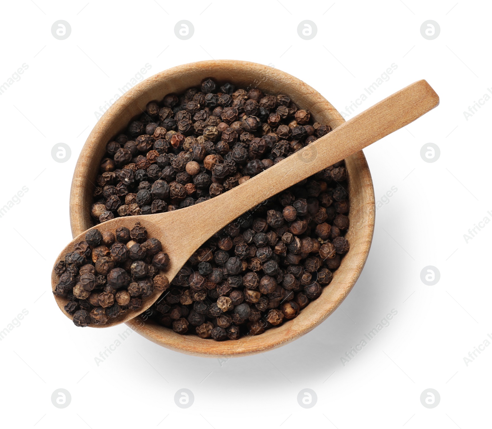 Photo of Aromatic spice. Many black peppercorns in bowl and spoon isolated on white, top view