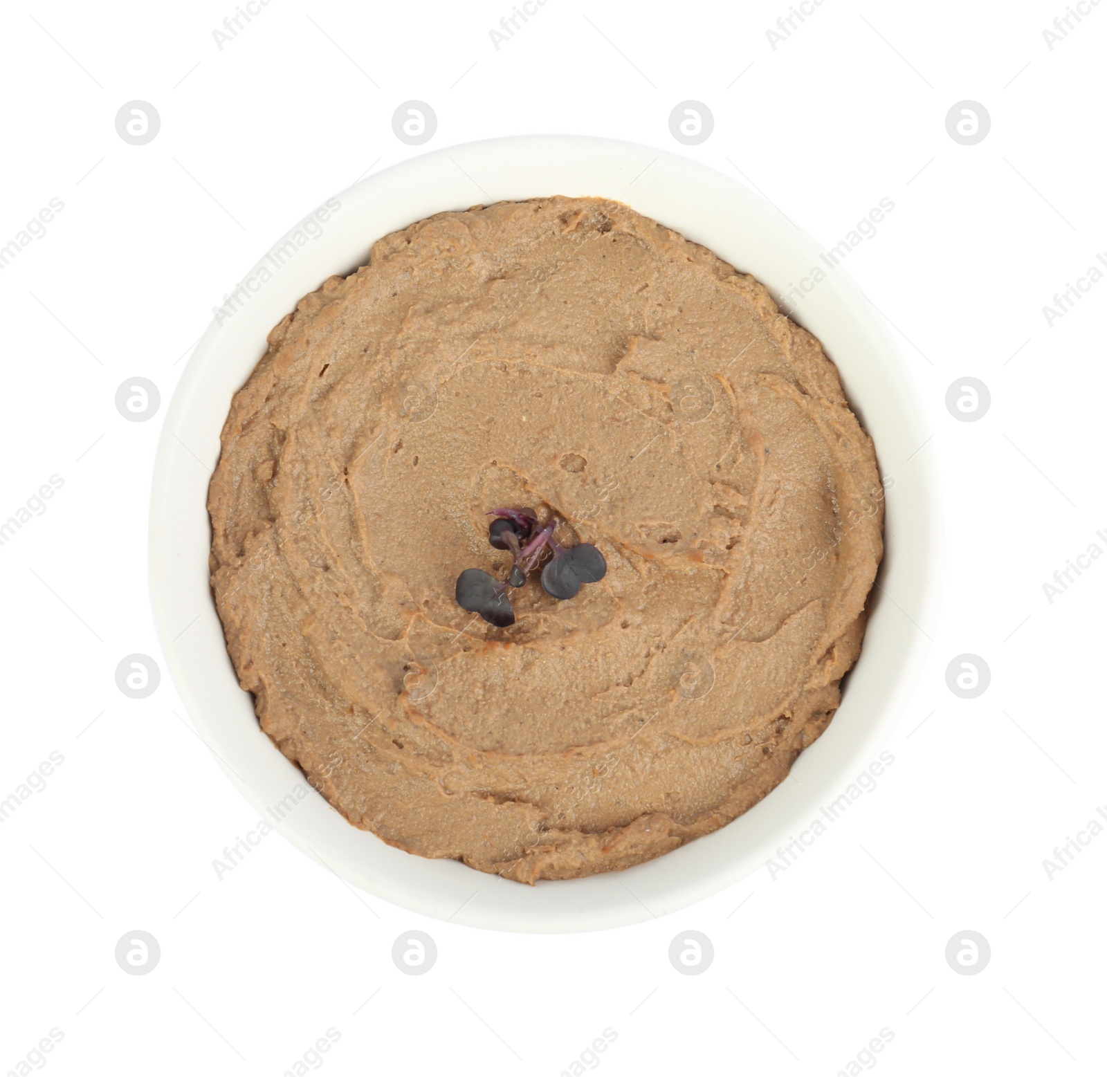 Photo of Tasty liver pate with herb in bowl isolated on white, top view