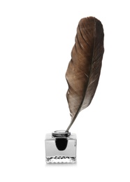 Feather pen and inkwell on white background