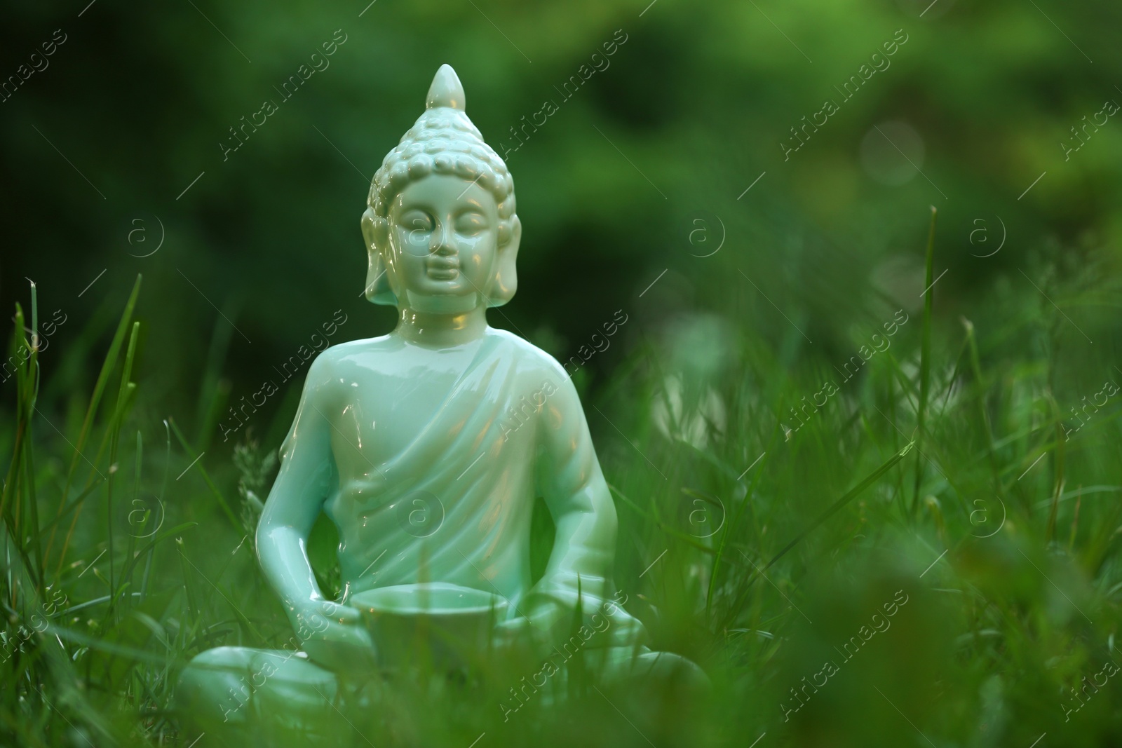 Photo of Decorative Buddha statue in green grass outdoors, space for text