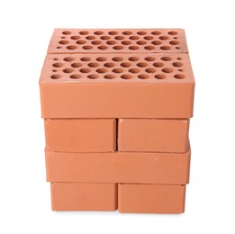 Photo of Many red bricks on white background. Building material