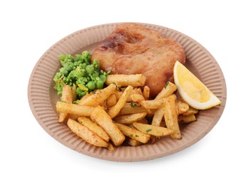 Photo of Tasty fish, chips, peas and lemon isolated on white