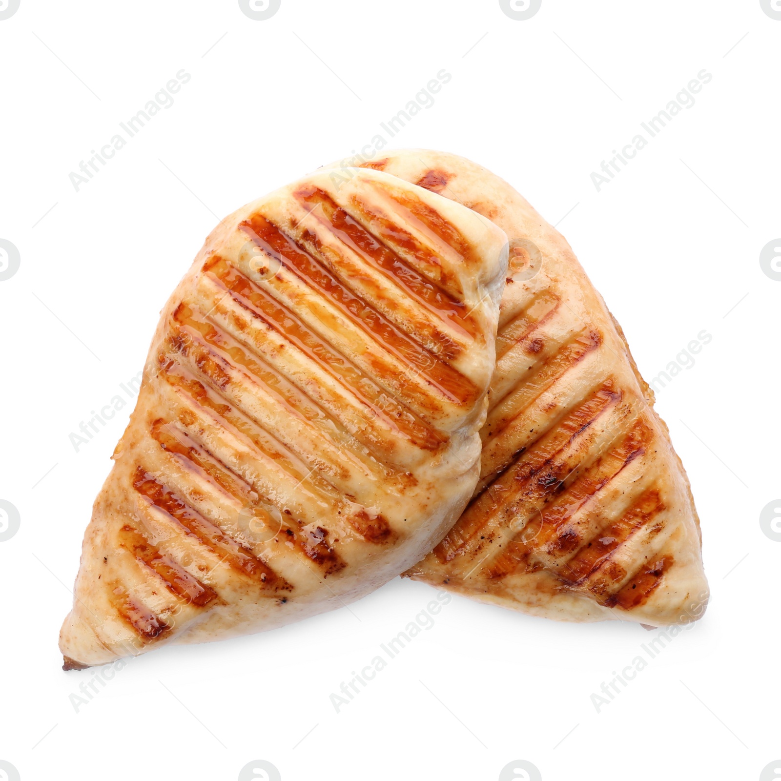 Photo of Tasty grilled chicken fillets isolated on white, top view
