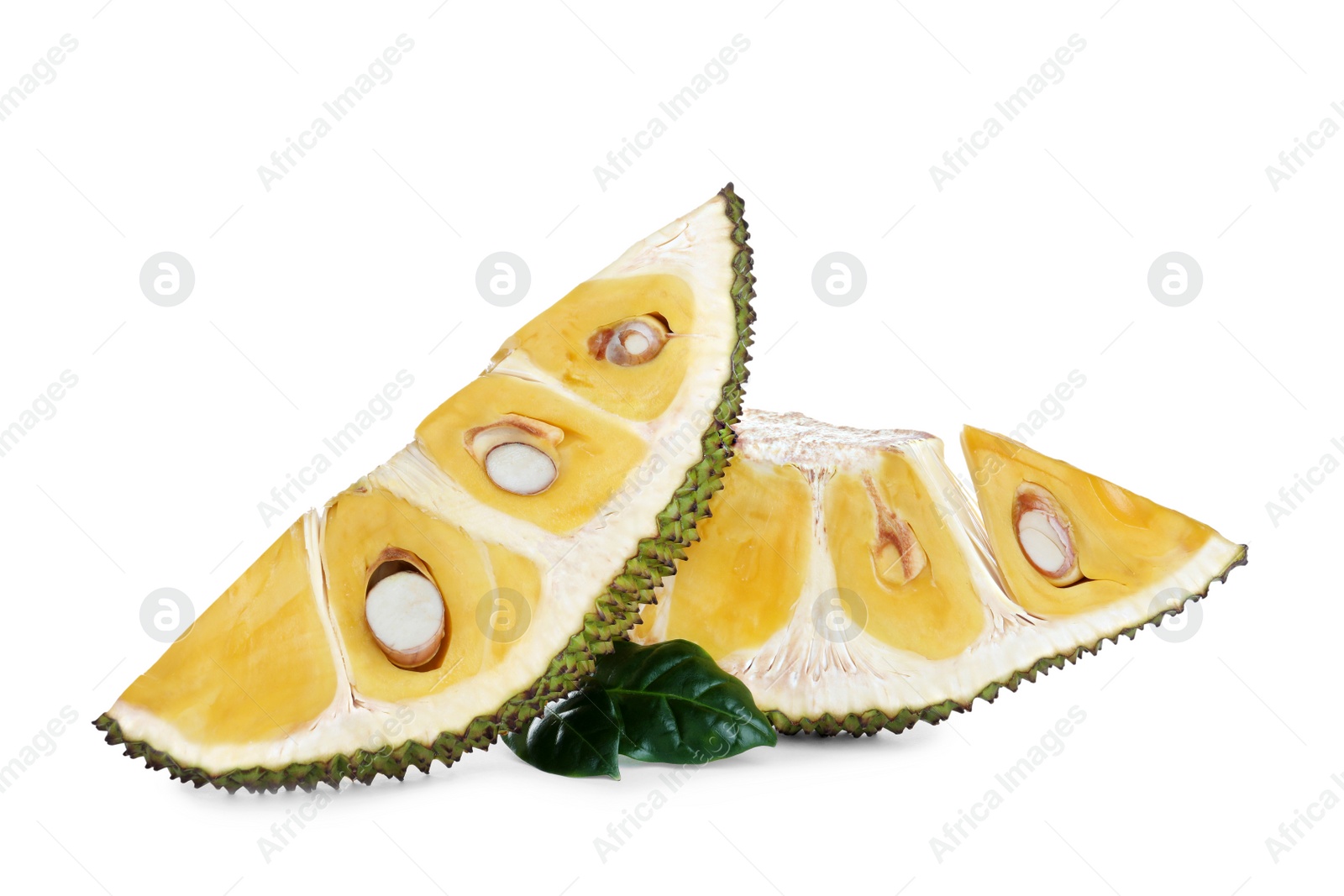 Photo of Slices of delicious cut fresh exotic jackfruit on white background