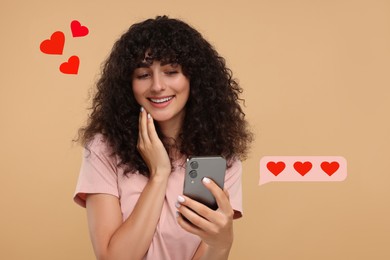 Long distance love. Woman chatting with sweetheart via smartphone on dark beige background. Hearts near her