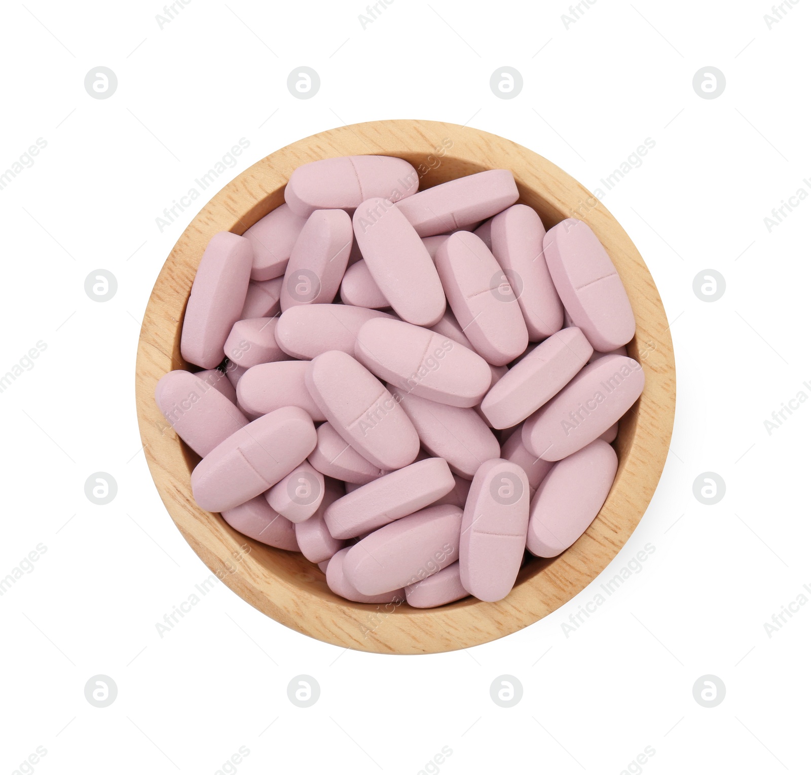 Photo of Vitamin pills in bowl isolated on white, top view. Health supplement