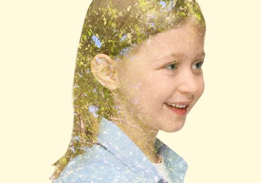 Image of Double exposure of cute girl and green tree on light background