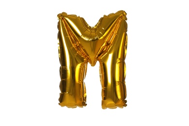 Golden letter M balloon on white background