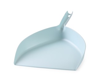 Photo of Light blue dustpan isolated on white. Cleaning tool