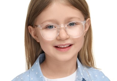 Photo of Little girl with glasses on white background
