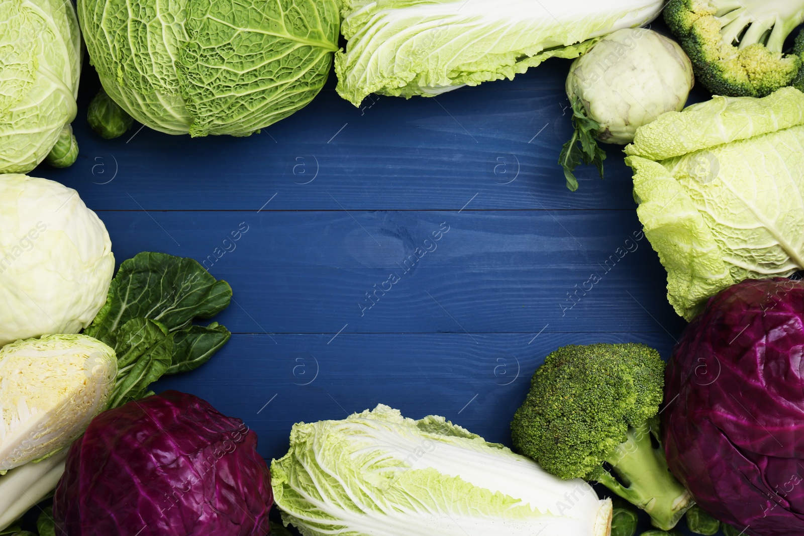 Photo of Frame of different cabbages on blue wooden table, flat lay. Space for text