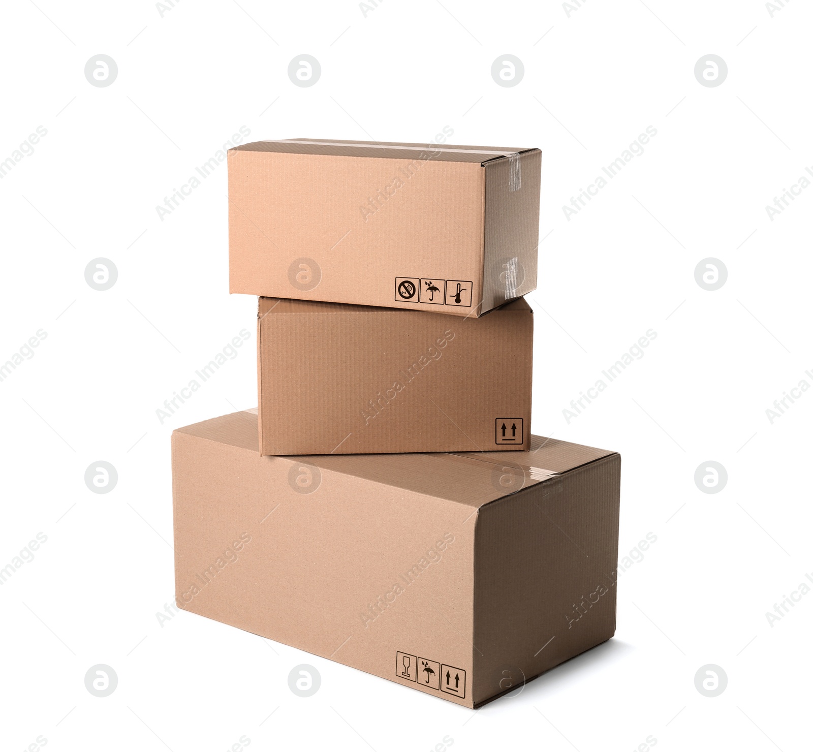 Image of Stack of parcels with different packaging symbols on white background  