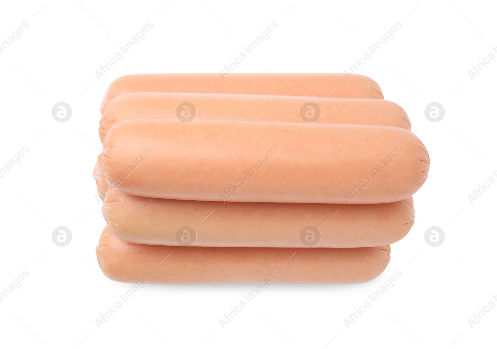 Photo of Delicious boiled sausages on white background, top view