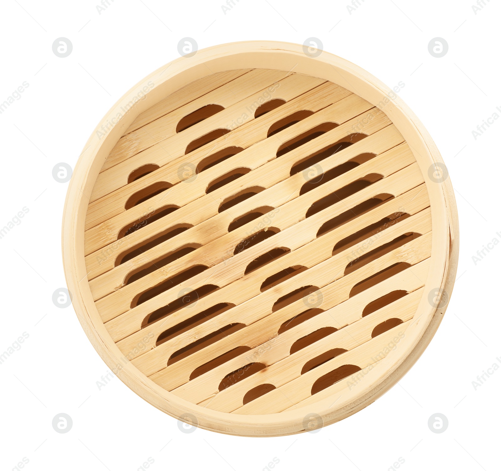 Photo of Steamer made of bamboo on white background, top view