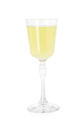 Liqueur glass with tasty limoncello isolated on white