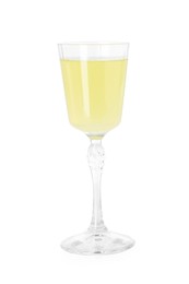 Photo of Liqueur glass with tasty limoncello isolated on white