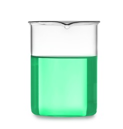 Beaker with green liquid isolated on white. Laboratory glassware