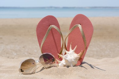 Photo of Stylish pink flip flops, sunglasses and seashell on sandy beach