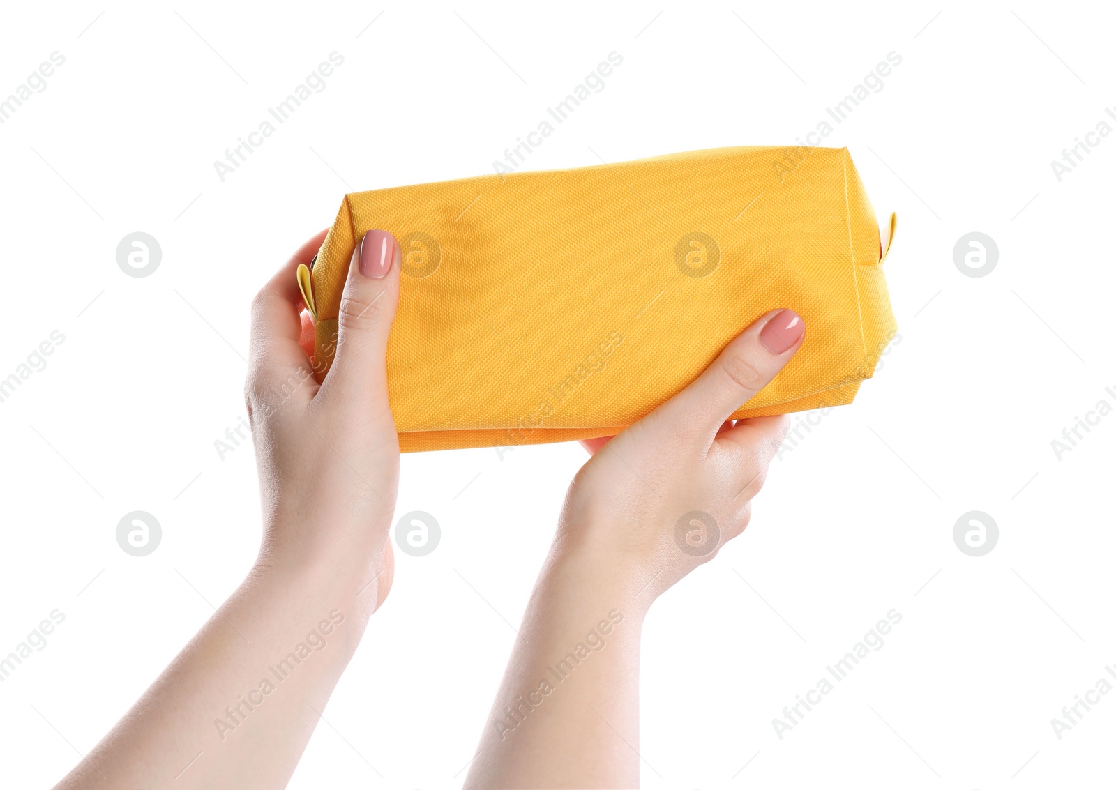 Photo of Woman with cosmetic bag isolated on white, closeup