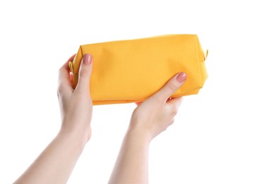 Photo of Woman with cosmetic bag isolated on white, closeup