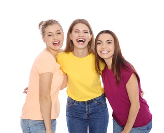 Photo of Portrait of young women laughing on white background
