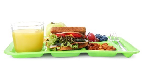 Tray with tasty food and juice on white background. School lunch