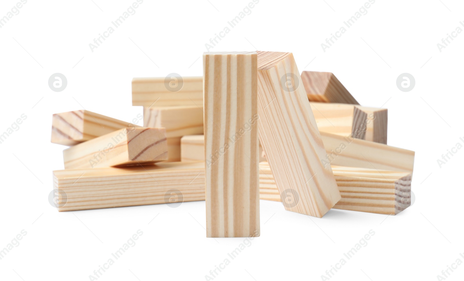 Photo of Wooden blocks on white background. Jenga game