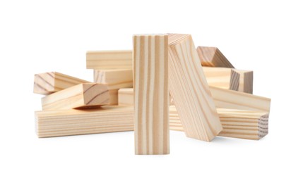 Wooden blocks on white background. Jenga game
