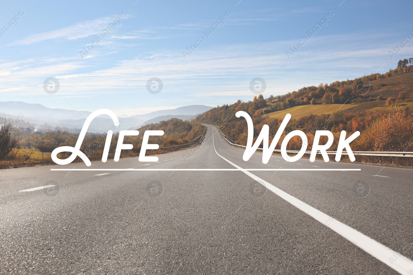 Image of Landscape with asphalt road leading to mountains. Concept of balance between work and life