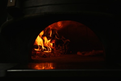 Oven with burning firewood and tasty pizza in restaurant kitchen