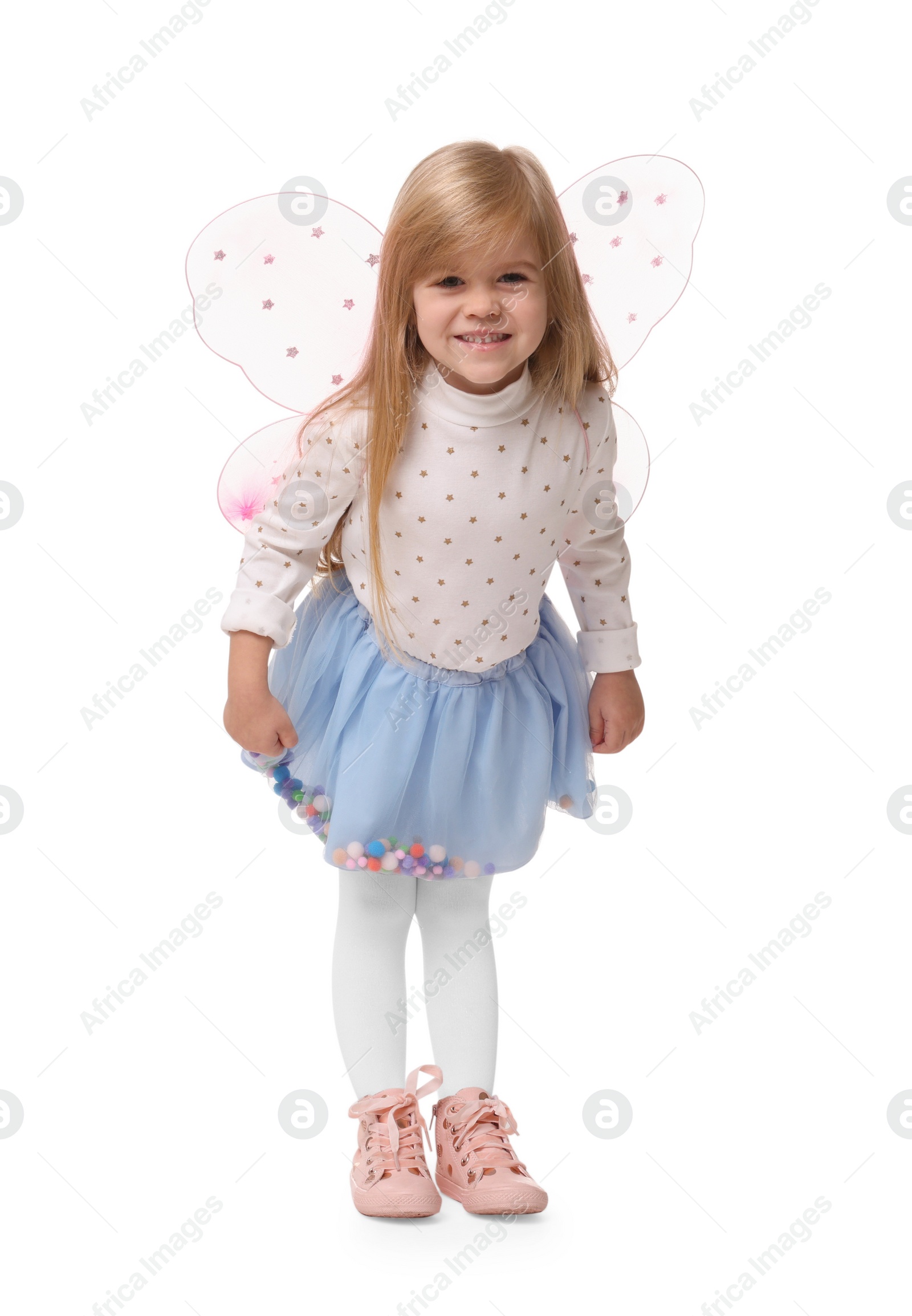 Photo of Cute little girl in fairy costume with pink wings on white background