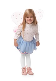 Photo of Cute little girl in fairy costume with pink wings on white background