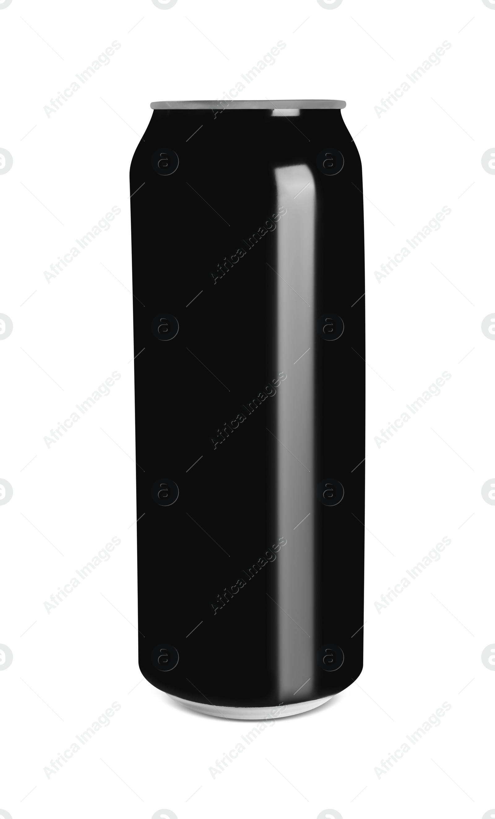 Photo of Black can with beverage isolated on white. Mockup for design