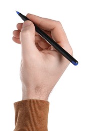 Man holding pen on white background, closeup of hand