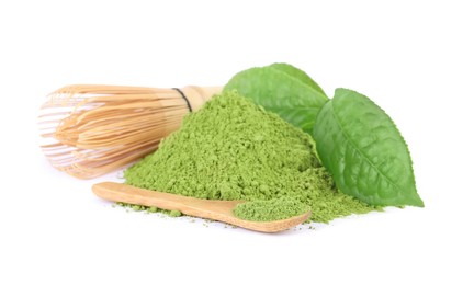 Photo of Pile of green matcha powder, leaves and bamboo whisk isolated on white