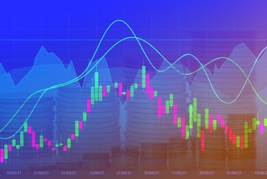 Double exposure of electronic trading platform and stacked coins. Stock exchange