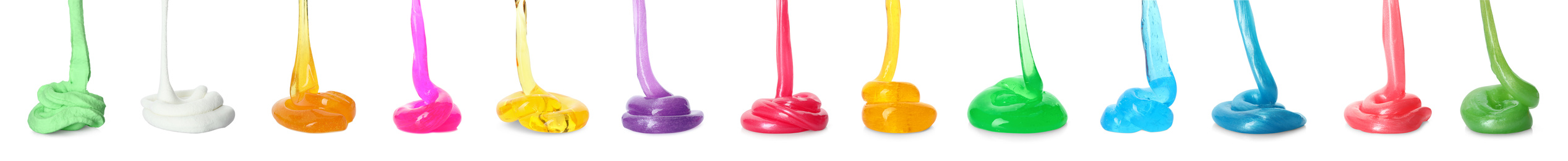 Image of Set of different colorful slimes on white background. Antistress toy 